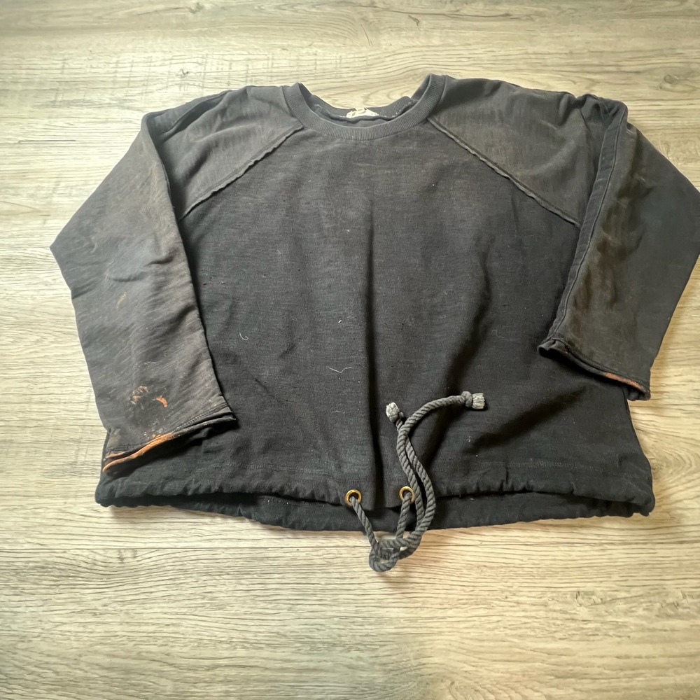Mystree Sweatshirt Women M Black Bleached Distressed Drawstring Hem Grunge 17502